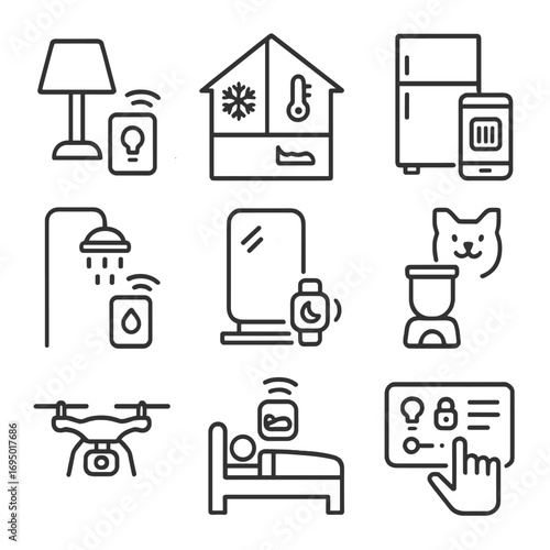 Futuristic Home Automation Icons. Line style icons of future home automation: mood lighting control, climate zones by room, fridge