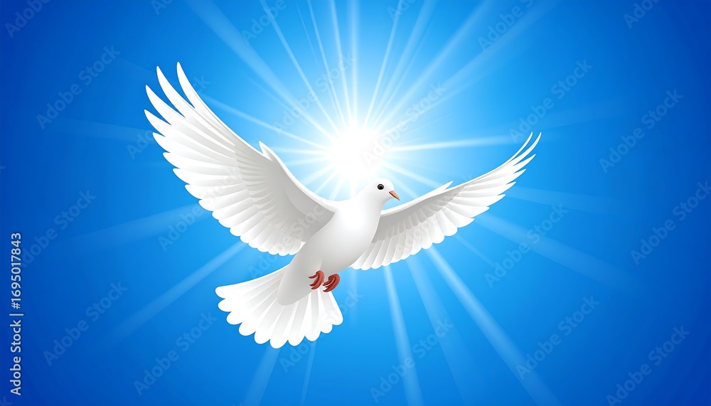 Fototapeta premium White dove soaring in bright blue sky