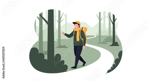 Illustration of a Person with a Backpack Hiking in a Forest on a Trail