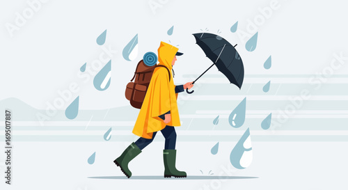 Illustration of a person with a backpack, umbrella and raincoat walking in the rain