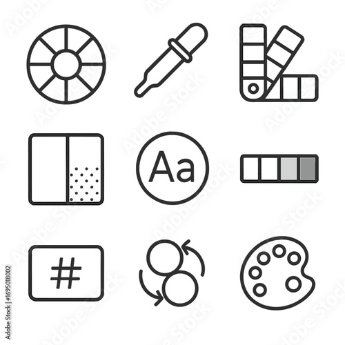 Color Tools Icons. Line style icons of color and visual aesthetics: color wheel, eyedropper tool icon, swatch book fan, gradient