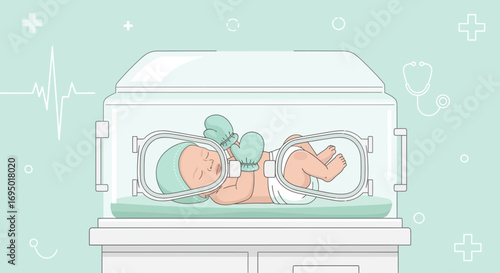 Illustration of a premature baby in an incubator, providing medical care and monitoring