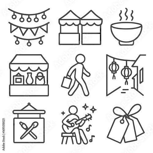 Night Market Icons. Line style icons of night market and bazaar festivals: string lights above stalls, night vendor tents, street