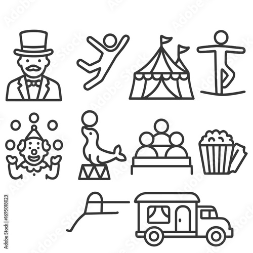 Circus Line Icons. Line style icons of circus and traditional traveling shows: ringmaster icon, acrobat mid-air, circus tent with