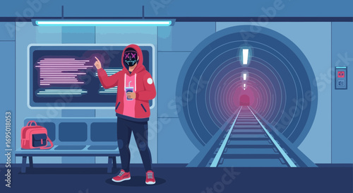 Anonymous figure in subway station with masked face and hoodie pointing at information board