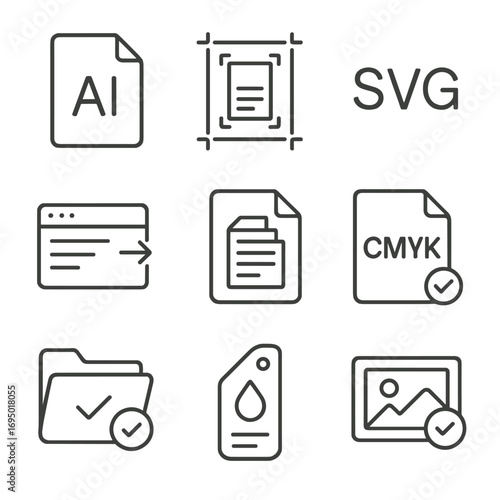 Design File Icons. Line style icons of design file formats and outputs: AI file icon, PDF with crop marks, SVG symbol, export