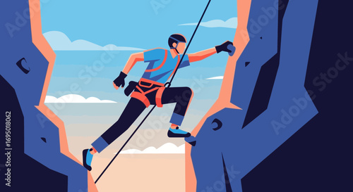 Illustration of a rock climber ascending a cliff face, showing adventure and courage
