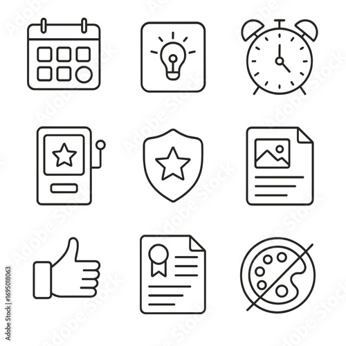 Design Challenge Icons. Line style icons of design challenges and prompts: daily prompt calendar, idea starter flashcard, timed