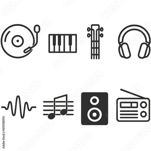 Music Icons Collection. Line style icons of music and sound in black and white: vinyl with needle, piano wave line, guitar neck in