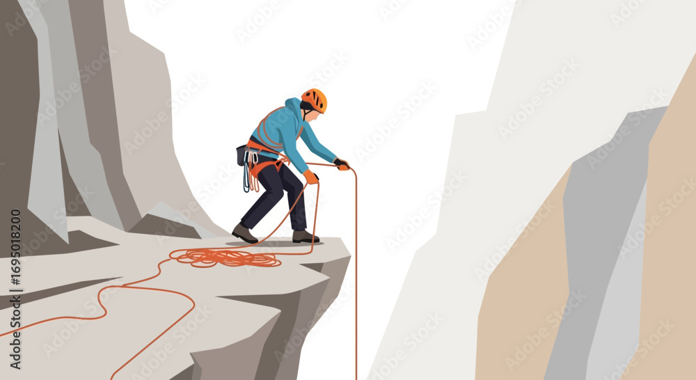 Naklejka premium Illustration of a rock climber reaching the top of a cliff with safety equipment