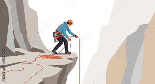 Illustration of a rock climber reaching the top of a cliff with safety equipment