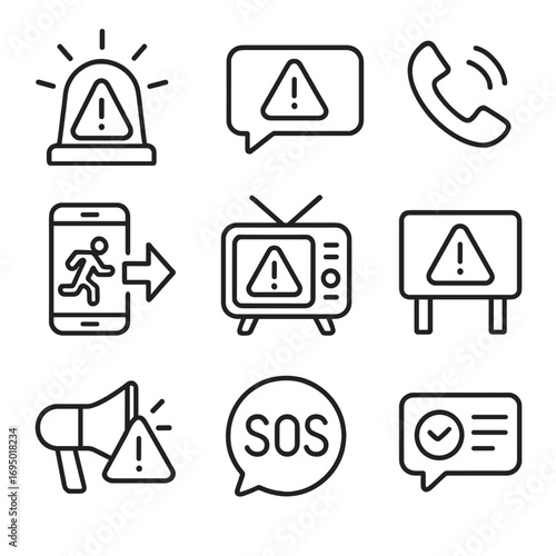 Emergency Communication Icons. Line style icons of emergency and critical communication: warning siren icon, red alert message,