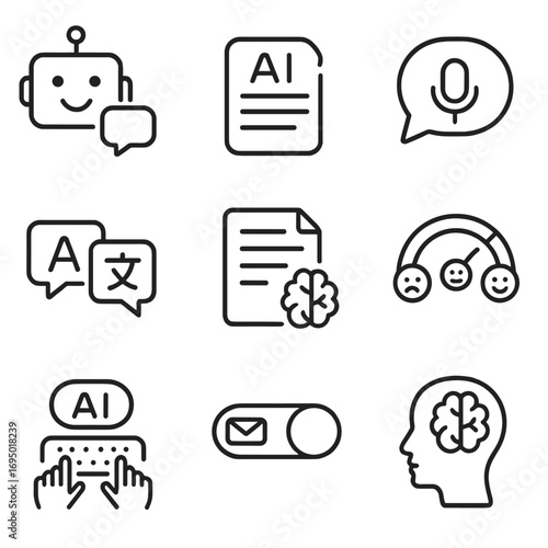 AI Communication Icons. Line style icons of AI-assisted communication: chatbot with smile icon, smart response generator, voice-to