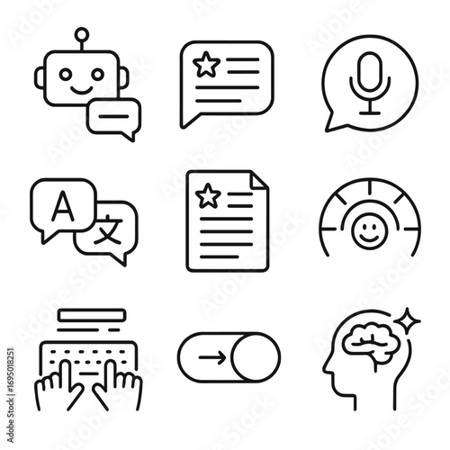 AI Communication Icons. Line style icons of AI-assisted communication: chatbot with smile icon, smart response generator, voice-to