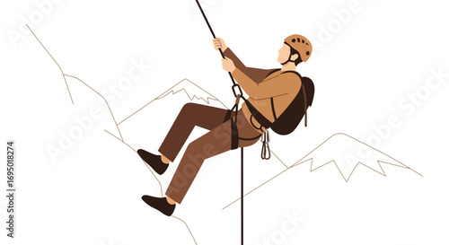 Illustration of a rock climber rappelling down a mountain against a white background
