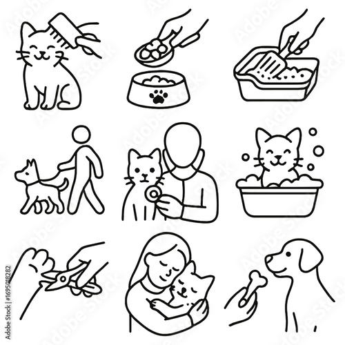 Pet Care Icons. Line style icons of pet care activities: brushing pet fur, feeding from scoop, cleaning litter box, walking dog on
