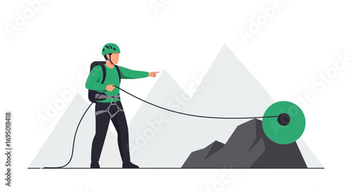 Illustration of a rock climber using a safety rope on a mountain vector design