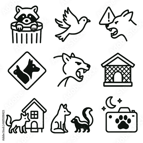Wildlife Icons. Line style icons of wild pets and challenges: raccoon in trash bin, escaped bird icon, aggressive pet warning, pet