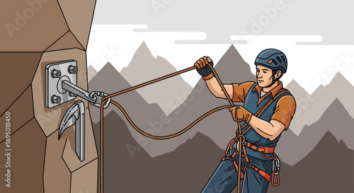 Illustration of a rock climber using safety equipment and securing a rope for a climb