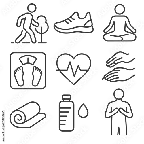 Wellness Icon Set. Line style icons of physical wellness and self-care: walking outdoors icon, jogging shoe symbol, yoga pose