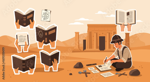 Archaeologist studying ancient egyptian texts and artifacts amidst the desert landscape and temple