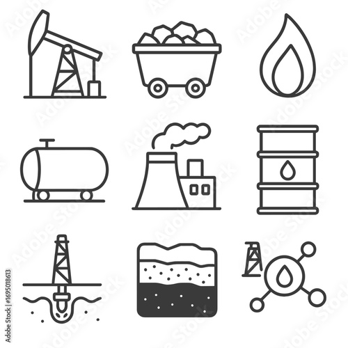 Fossil Fuel Icons. Line style icons of fossil fuels and extraction: oil rig icon, coal cart with rocks, natural gas flame symbol,