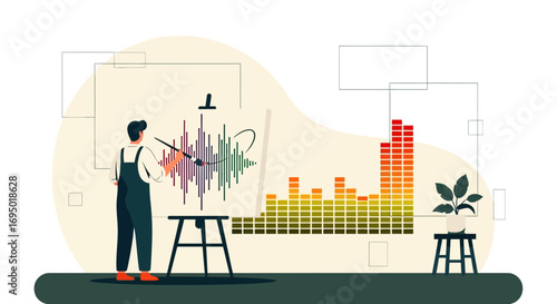 Artist creating visual representation of sound waves with paint and canvas in modern design studio