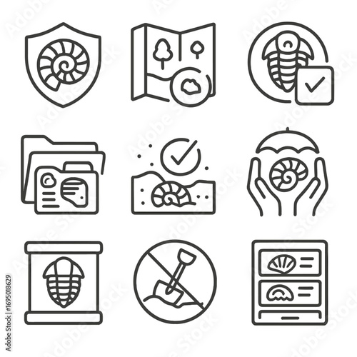 Fossil Preservation Icons. Line style icons of environmental preservation and fossils: protected fossil icon, conservation zone