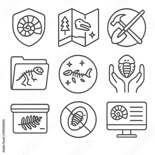 Fossil Preservation Icons. Line style icons of environmental preservation and fossils: protected fossil icon, conservation zone