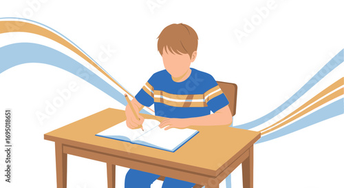 Illustration of a schoolboy writing in a notebook with a pencil on a desk