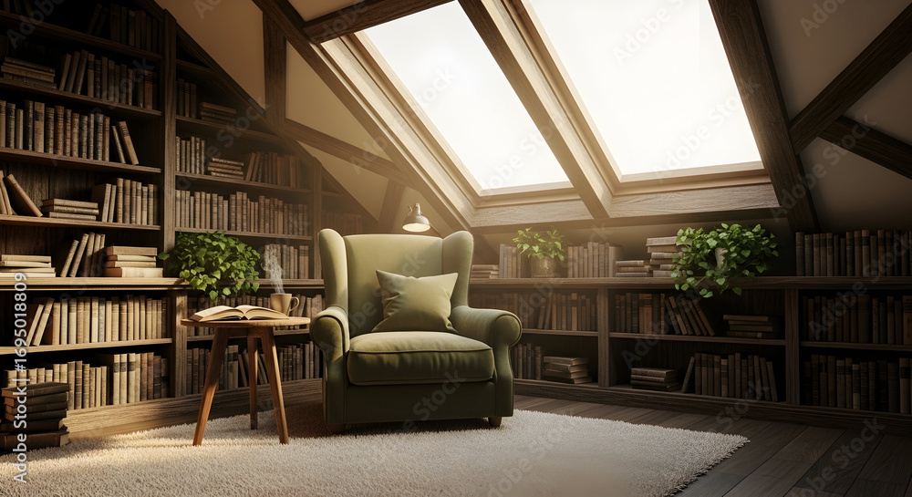 Naklejka premium Cozy library interior design with armchair, books, and natural light streaming through windows
