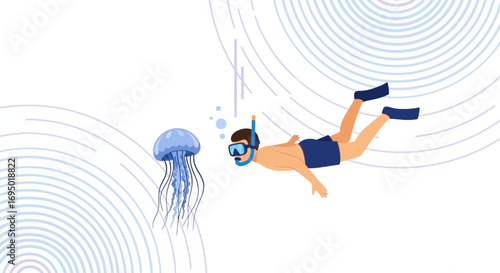 Illustration of a Scuba Diver Encountering a Jellyfish Underwater Scene