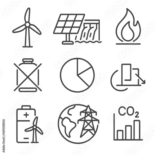 Clean Energy Icons. Line style icons of clean energy comparison: wind turbine icon, solar panel array, hydro power dam, biomass
