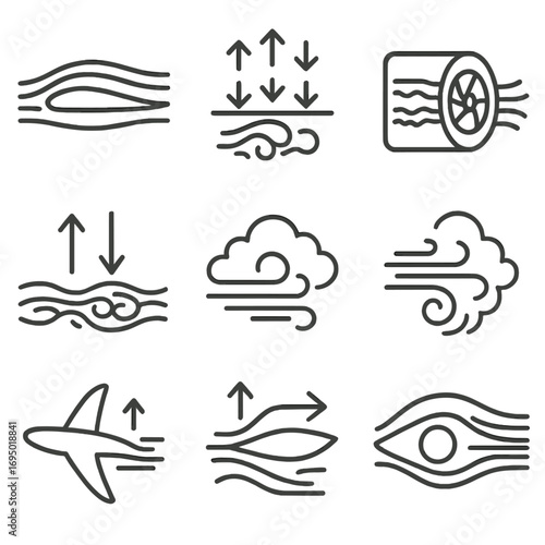 Airflow Dynamics Icons. Line style icons of air and atmospheric movement: airflow around wing, pressure zone diagram, wind tunnel