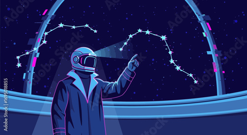 Astronaut analyzing constellations in a futuristic space station for cosmic exploration