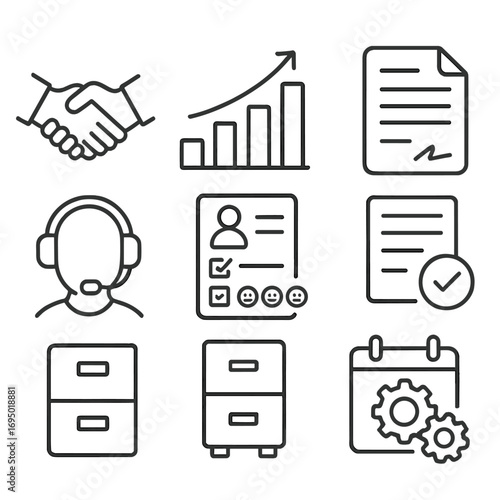 Business Icon Set. Line style icons of business and administrative functions: handshake agreement, bar chart growth, contract