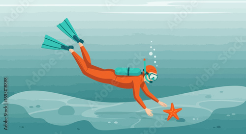 Illustration of a scuba diver exploring the sea floor near a starfish, underwater scene