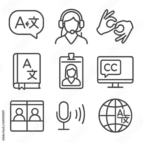 Language Service Icons. Line style icons of language and interpretation services: speech bubble translation, audio interpreter