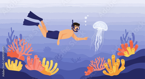 Illustration of a Scuba Diver Exploring Underwater with Jellyfish and Corals