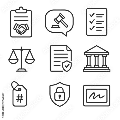Legal Services Icons. Line style icons of legal and compliance services: contract agreement icon, legal advice bubble, compliance