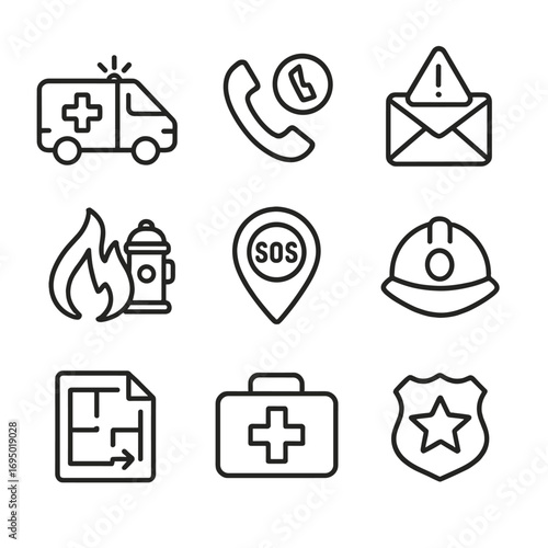 Emergency Service Icons. Line style icons of emergency and rescue services: ambulance with cross, emergency hotline icon, disaster