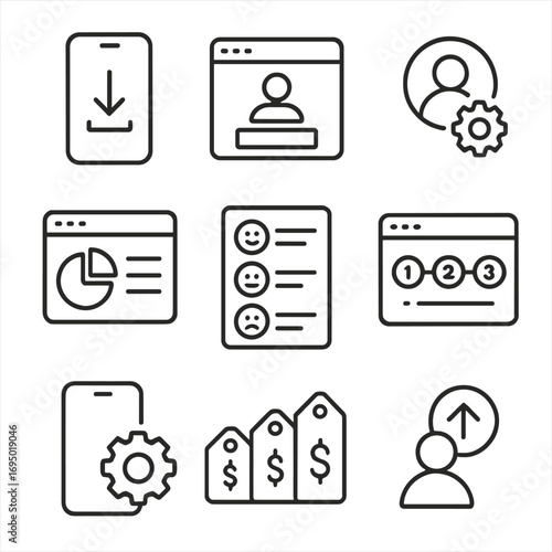 Digital Platform Icons. Line style icons of digital platform services: app download arrow, login interface screen, user profile