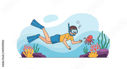 Illustration of a Scuba Diver Interacting with an Octopus Underwater, Colorful Graphic Art