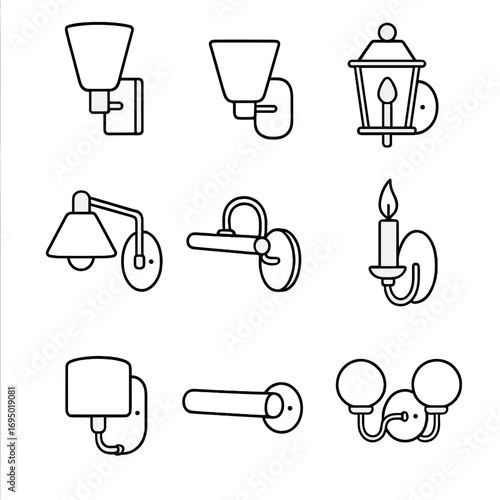 Sconce Icon Collection. Line style icons of Wall Sconce Varieties: up-light sconce, down-light sconce, lantern sconce, swing-arm