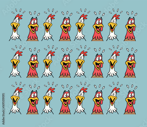 Funny Crazy Cartoon Chickens vector Illustration Set