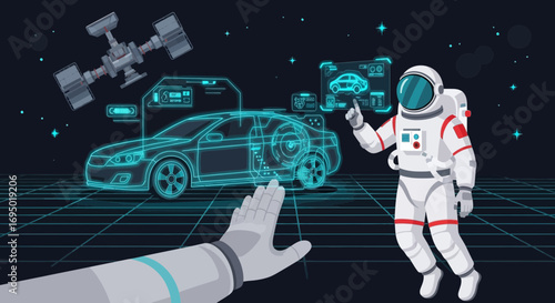 Astronaut and futuristic car interface in space, exploring technology and innovation with modern