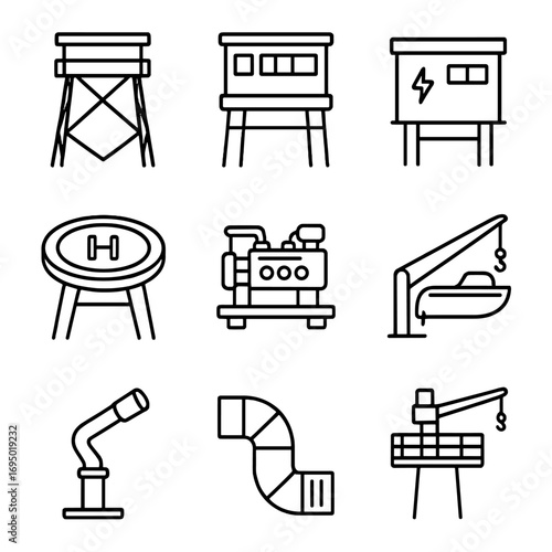 Offshore Platform Icons. Line style icons of Offshore Substation Platforms: jacket substructure, topside module, GIS room, helipad