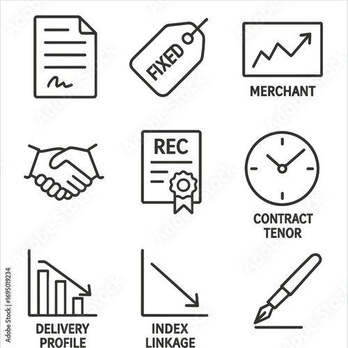 Power Purchase Icons. Line style icons of Power Purchase Agreement Elements: contract document, fixed price tag, merchant market