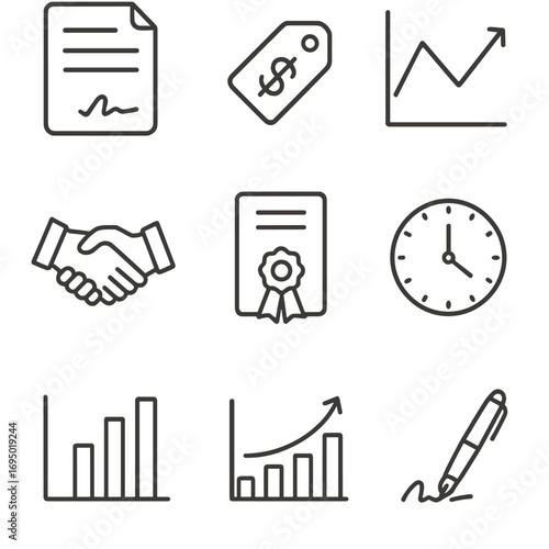 Power Purchase Icons. Line style icons of Power Purchase Agreement Elements: contract document, fixed price tag, merchant market