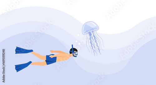 Illustration of a Scuba Diver Swimming Underwater with a Jellyfish and Fins